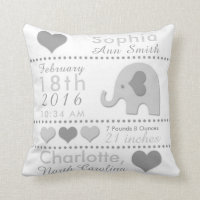 Birth Stats Grey Elephant Nursery Throw Pillow