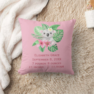 Birth Stats Koala Bear Pink Green Tropical Flowers Throw Pillow