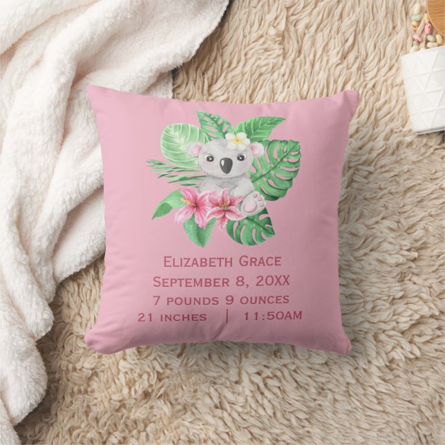 Birth Stats Koala Bear Pink Green Tropical Flowers Throw Pillow (Blanket)