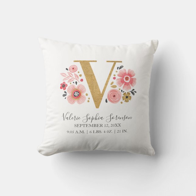 Birth Stats Letter V Pink Floral Monogram Initial Throw Pillow (Front)