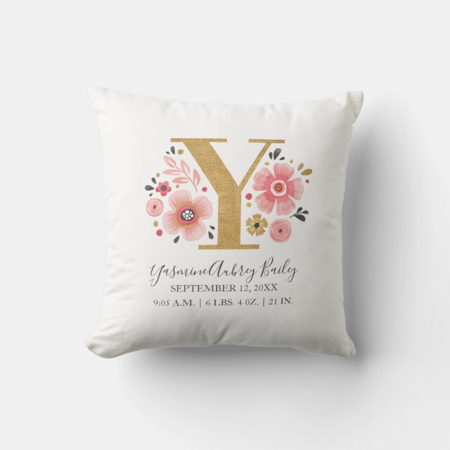 Birth Stats Letter Y Pink Floral Monogram Initial Throw Pillow (Front)