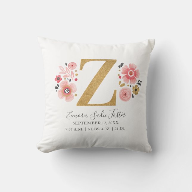 Birth Stats Letter Z Pink Floral Monogram Initial Throw Pillow (Front)
