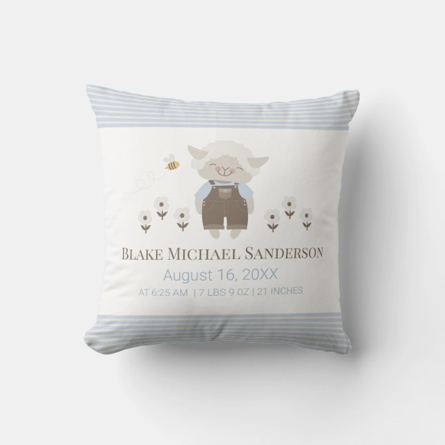 Birth Stats Little Lamb Blue Boy Nursery Throw Pillow (Front)