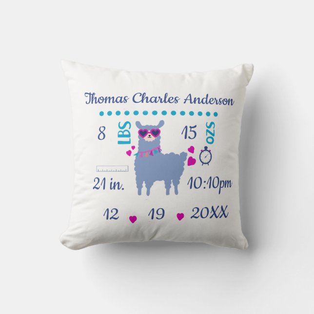 Birth Stats Llama Baby Boy Newborn Gift Throw Pillow (Front)