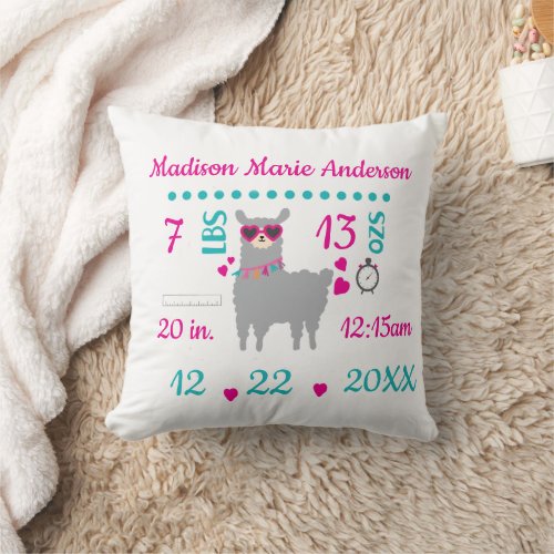 Birth Stats Llama Gray Pink New Baby Gift Throw Pillow