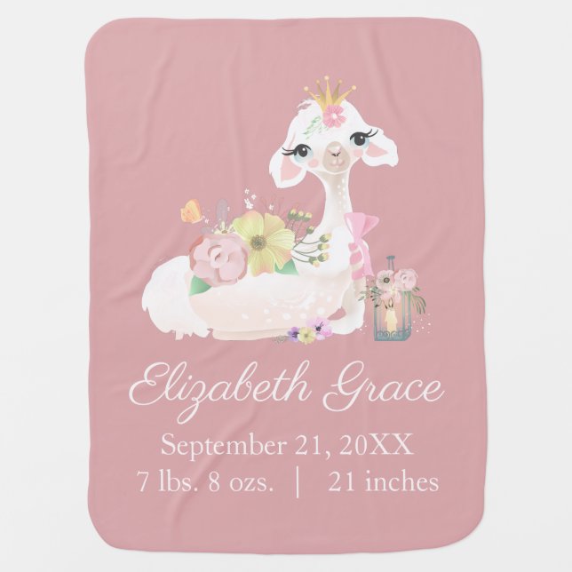 Birth Stats Llama Pink and White Flowers Cute Baby Blanket (Front)