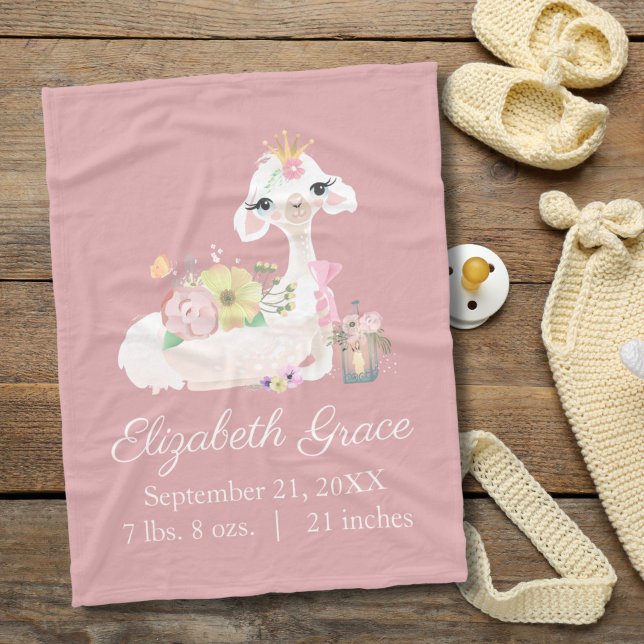 Birth Stats Llama Pink and White Flowers Cute Baby Fleece Blanket (Pink Llama birth stats  baby blanket)