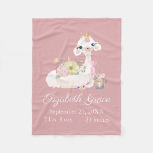 Birth Stats Llama Pink and White Flowers Cute Baby Fleece Blanket