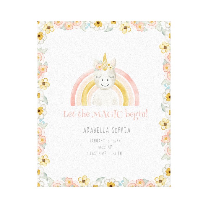 Birth Stats Magic Unicorn Baby Girl Watercolor Art Canvas Print Zazzle Com