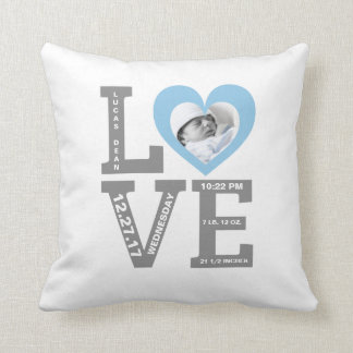 Birth Stats | Modern Typography Baby Boy Blue Throw Pillow