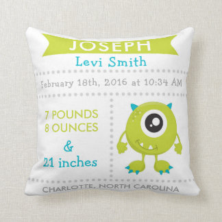Birth Stats Monster Nursery Pillow Green
