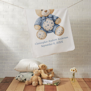Birth Stats Name Blue Teddy Bear Baby Boy Gift Blanket