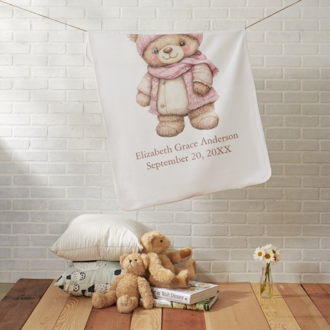 Birth Stats Name Pink Teddy Bear Baby Girl  Baby Blanket (In Situ)