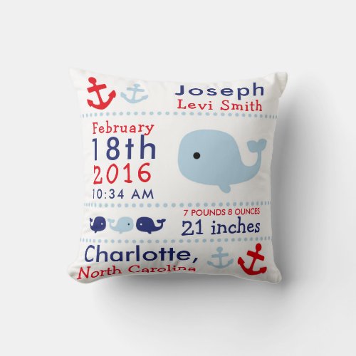 Birth Stats Nautical Whale Nursery Throw Pillow