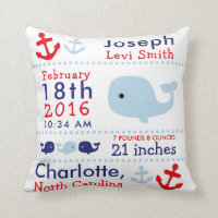 Birth Stats Nautical Whale Nursery Throw Pillow