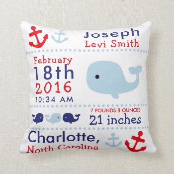 Birth Stats Nautical Whale Nursery Throw Pillow by Kookyburra at Zazzle