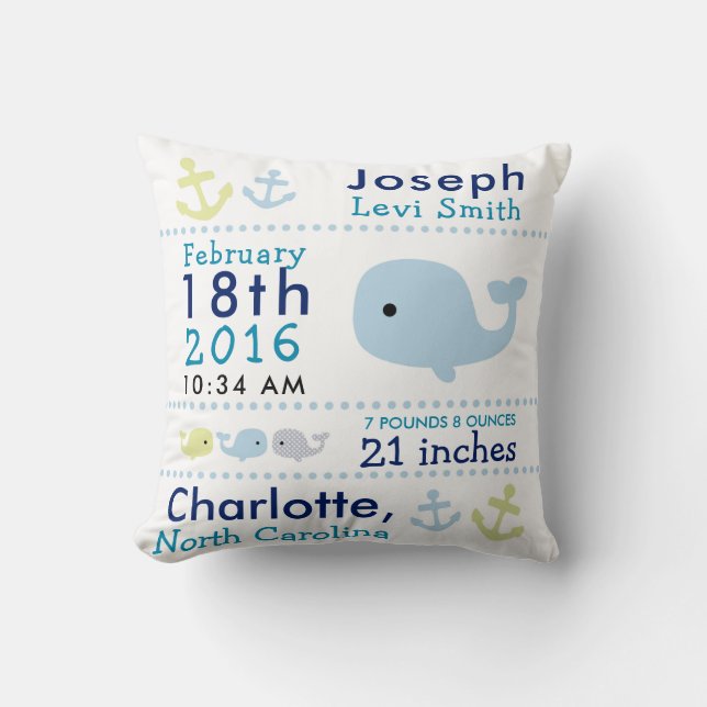Birth Stats Nautical Whale Nursery Throw Pillow (Front)