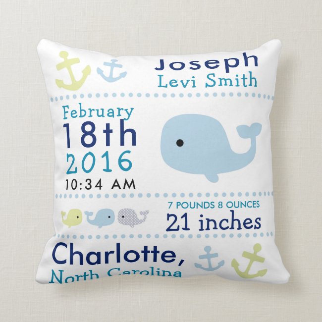 Birth Stats Nautical Whale Nursery Throw Pillow