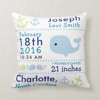 Birth Stats Nautical Whale Nursery Throw Pillow by Kookyburra at Zazzle