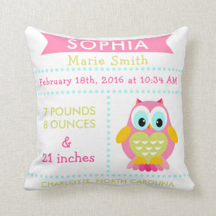 Birth Stats Owl Nursery Pillow Pink