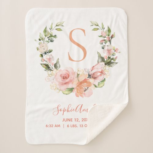 Birth Stats Peachy Coral Rose Floral Wreath Sherpa Blanket