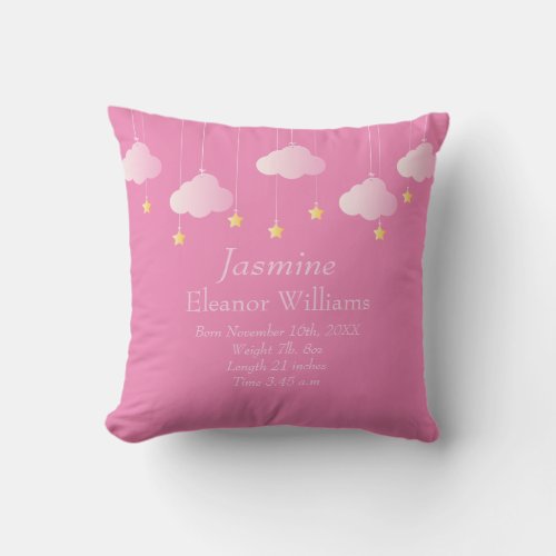 Birth Stats Personalised Clouds and Stars Throw Pillow