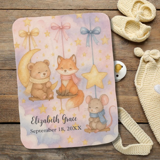 Birth Stats Personalized Baby Woodland Animals  Baby Blanket (Woodland animals stars moon personalized name birth stats Baby girl baby blanket. Bear Fox mouse)