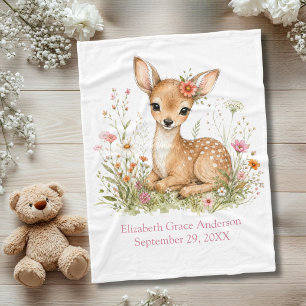 Birth Stats Personalized Name Date Deer Baby Girl Fleece Blanket