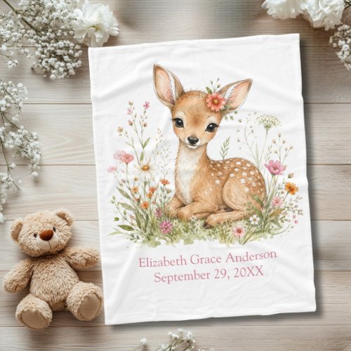 Birth Stats Personalized Name Date Deer Baby Girl Fleece Blanket