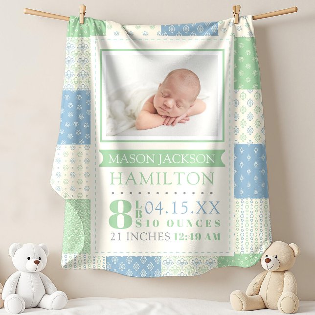 Birth Stats Photo Baby Blanket (Blue and Green Birth Stats Photo Boy Baby Baby Blanket)