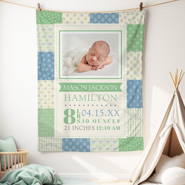 Birth Stats Photo Baby Fleece Blanket (Baby Boy Birth Stats Photo Quilt Baby Fleece Blanket)