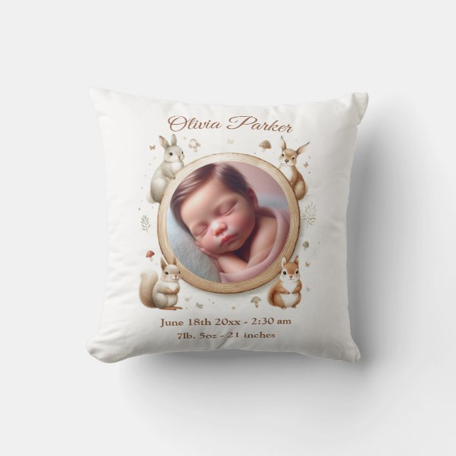 Birth Stats Photo Pillow - Woodland Animals (Front)