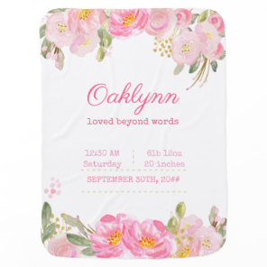 Birth Stats Pink and Gold Floral Baby Girl Blanket