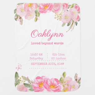 Birth Stats Pink and Gold Floral Baby Girl Blanket
