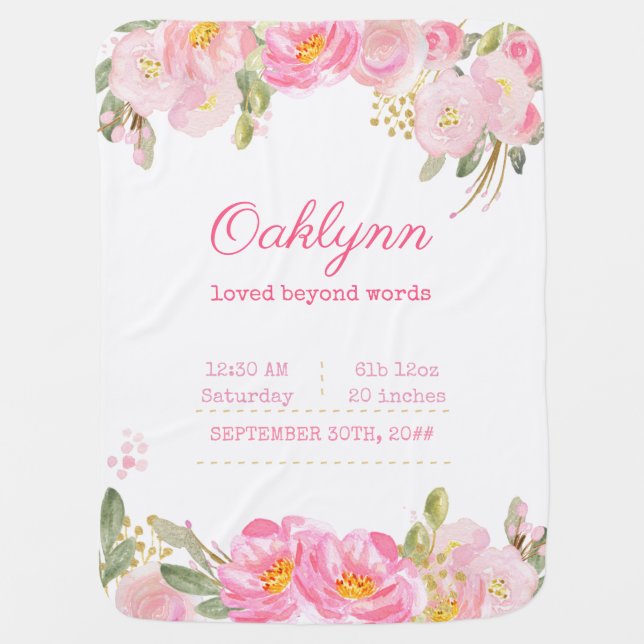 Birth Stats Pink and Gold Floral Baby Girl Blanket (Front)