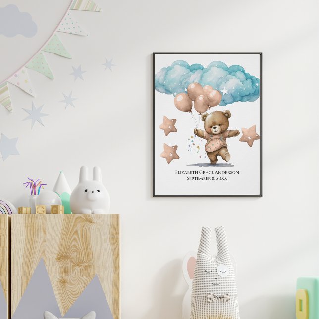 Birth Stats Pink Baby Bear Clouds Nursery Wall Art (Creator Uploaded)