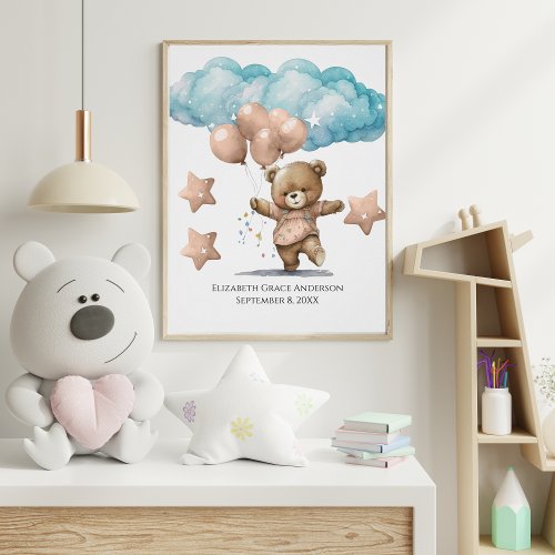 Birth Stats Pink Baby Bear Clouds Nursery Wall Art