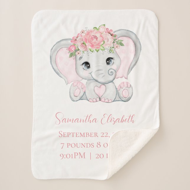 Birth Stats Pink Baby Elephant Baby Blanket (Front)