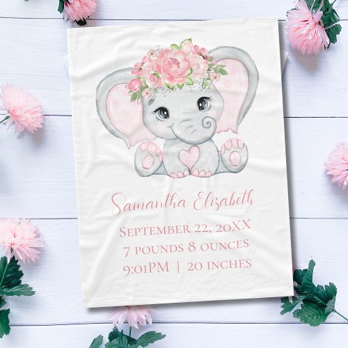 Birth Stats Pink Baby Elephant Baby Girl Baby Fleece Blanket