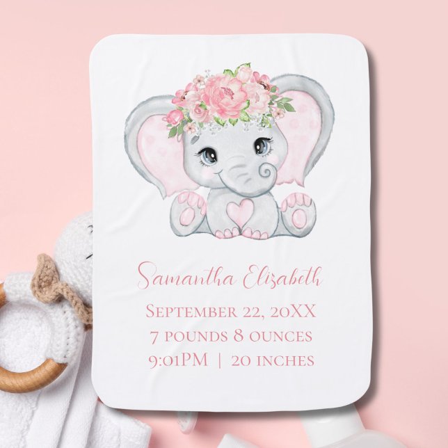 Birth Stats Pink Baby Elephant Baby Girl Gift  Baby Blanket (Pink Baby Elephant Personalized Birth Stats baby Blanket. Baby Gift Keepsake Gift for baby girl)