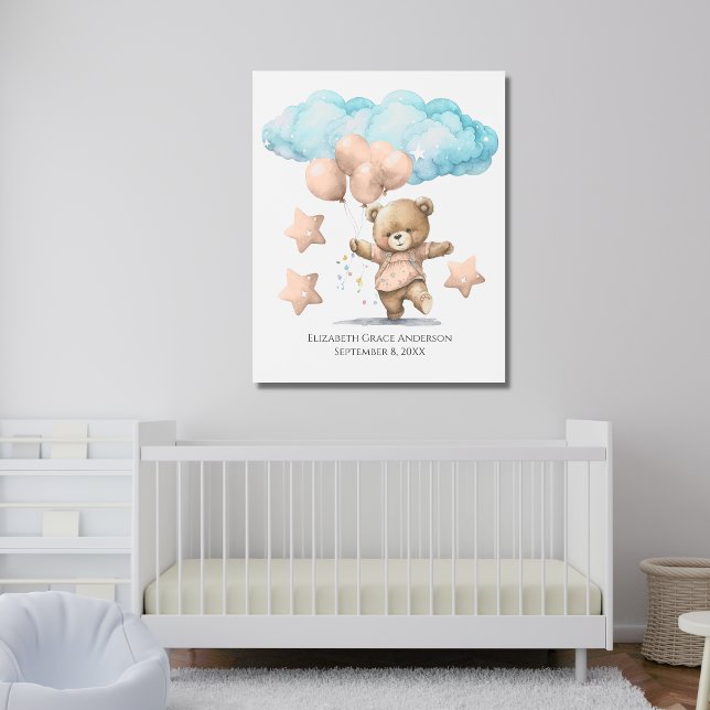 Birth Stats Pink Bear with Balloons Stars Nursery Metal Print (Creator Uploaded)