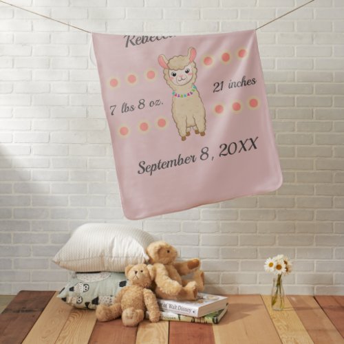 Birth Stats Pink Cute Adorable Llama  Baby Blanket