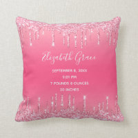 Birth Stats Pink Dripping Glitter Baby Girl Trendy Throw Pillow