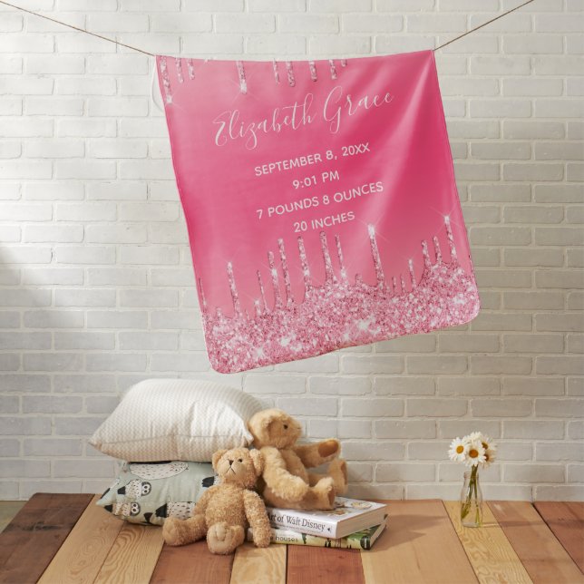 Birth Stats Pink Dripping Glitter Girl Trendy Baby Baby Blanket (In Situ)