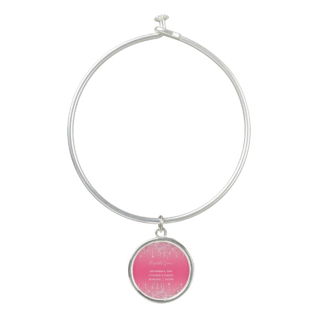 Birth Stats Pink Dripping Glitter Trendy Mom  Bangle Bracelet (Front)