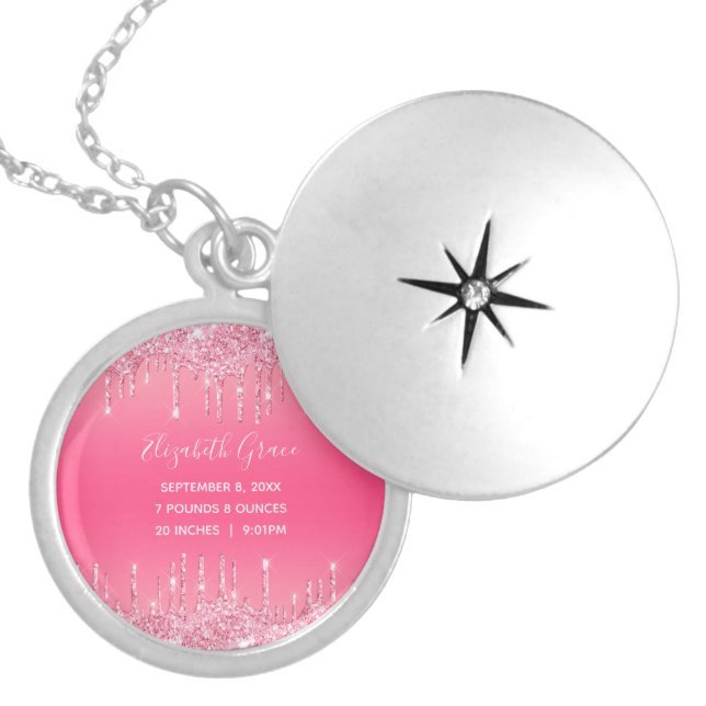 Birth Stats Pink Dripping Glitter Trendy Mom Locket Necklace (Front)