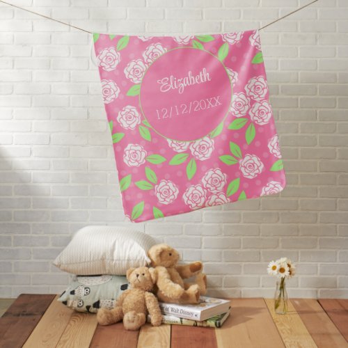 Birth Stats Pink Green Floral Baby Shower Gift  Baby Blanket