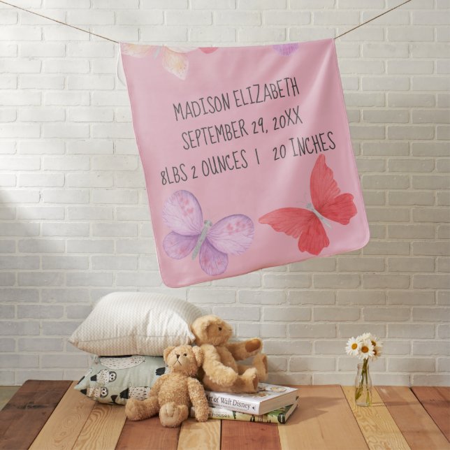Birth Stats Pink Purple Yellow Butterflies Baby Blanket (In Situ)