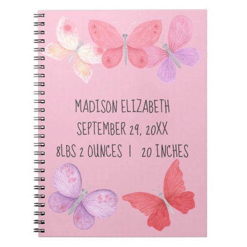 Birth Stats Pink Purple Yellow Butterflies Baby  Notebook