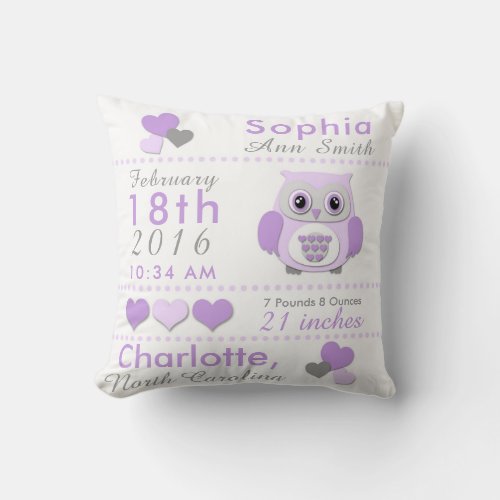 Birth Stats Purple Grey Owl Nursery Throw Pillow